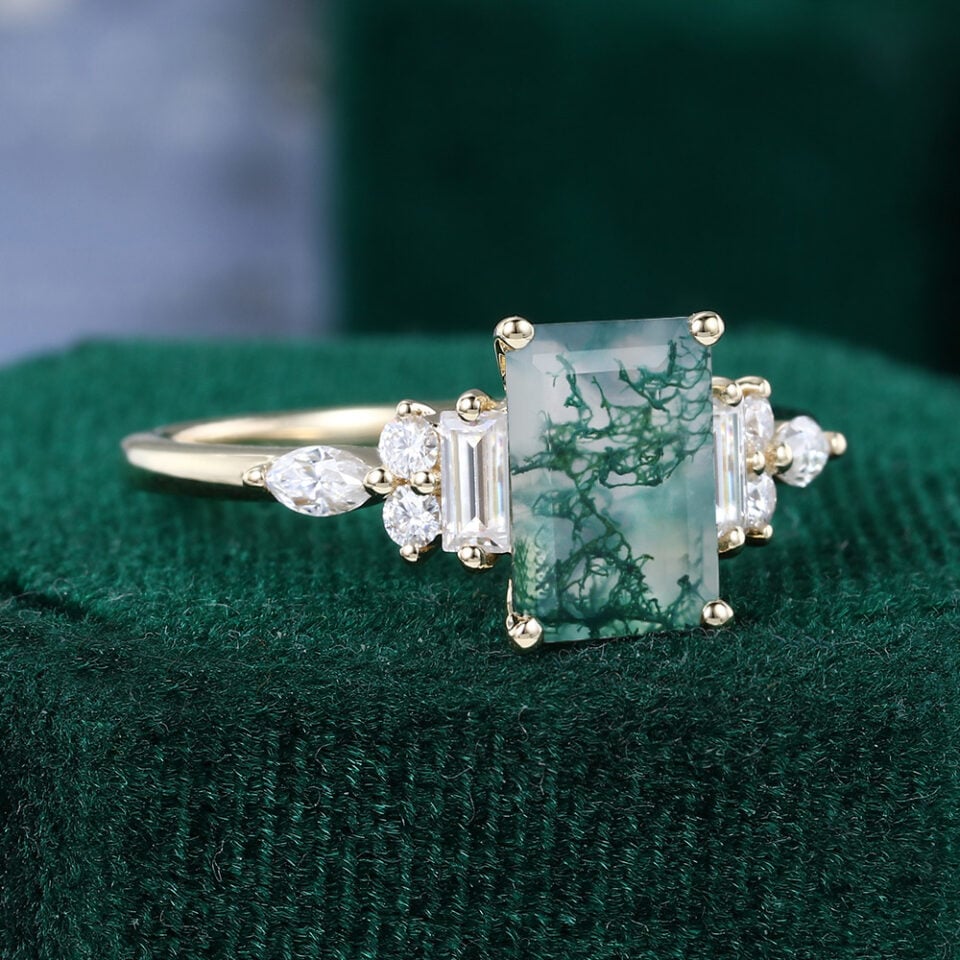 Art Deco Emerald Cut Moss Agate Ring with Moissanite Accents (2)