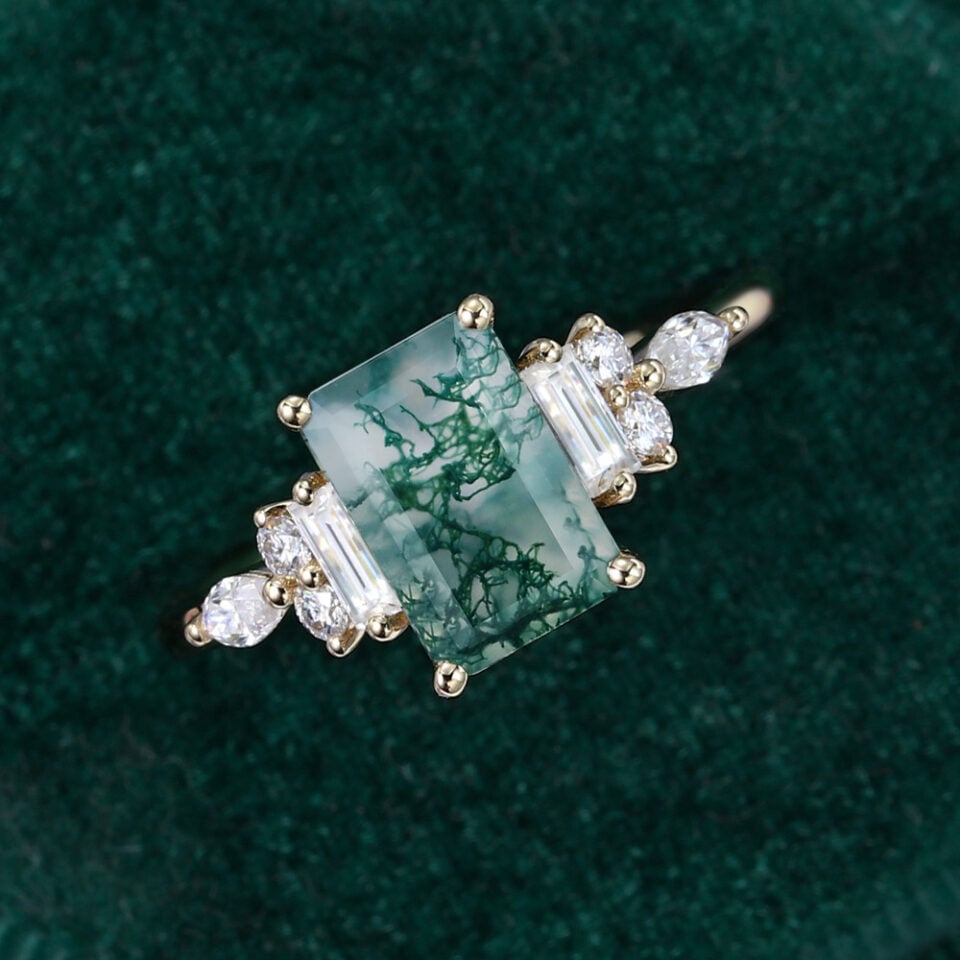 Art Deco Emerald Cut Moss Agate Ring with Moissanite Accents (4)