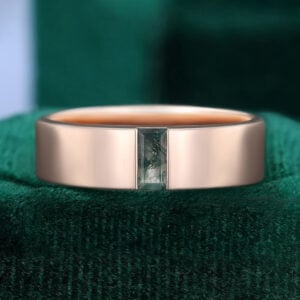 Baguette Cut Moss Agate 5mm Flat Band Gender Neutral Wedding Ring