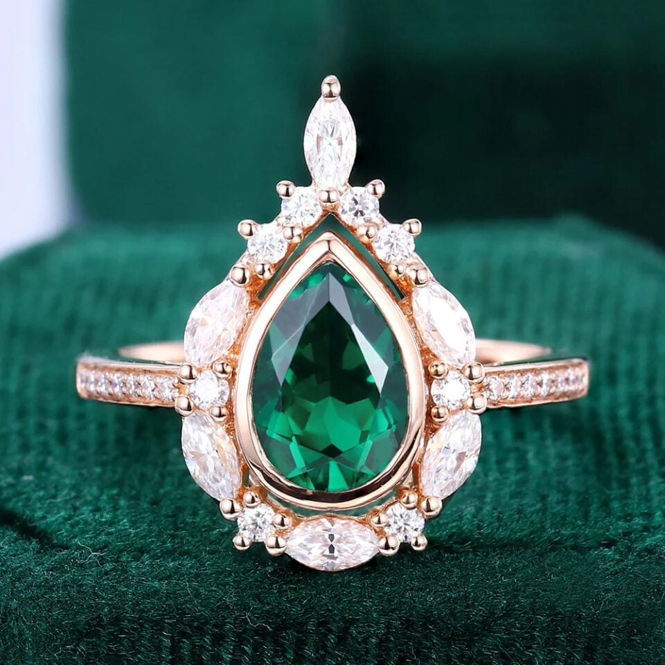 Bezel Pear Cut Lab Emerald Engagement Ring Halo Bridal Ring