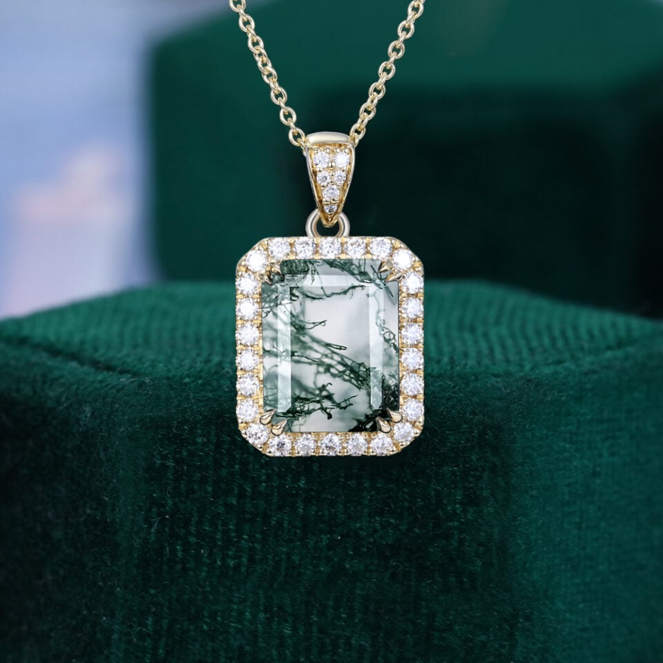 Emerald Cut Moss Agate Double Claw Setting Halo Necklace