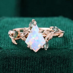 Kite Cut Lab Opal Promise Ring Moss Agate Leaf Bridal Ring