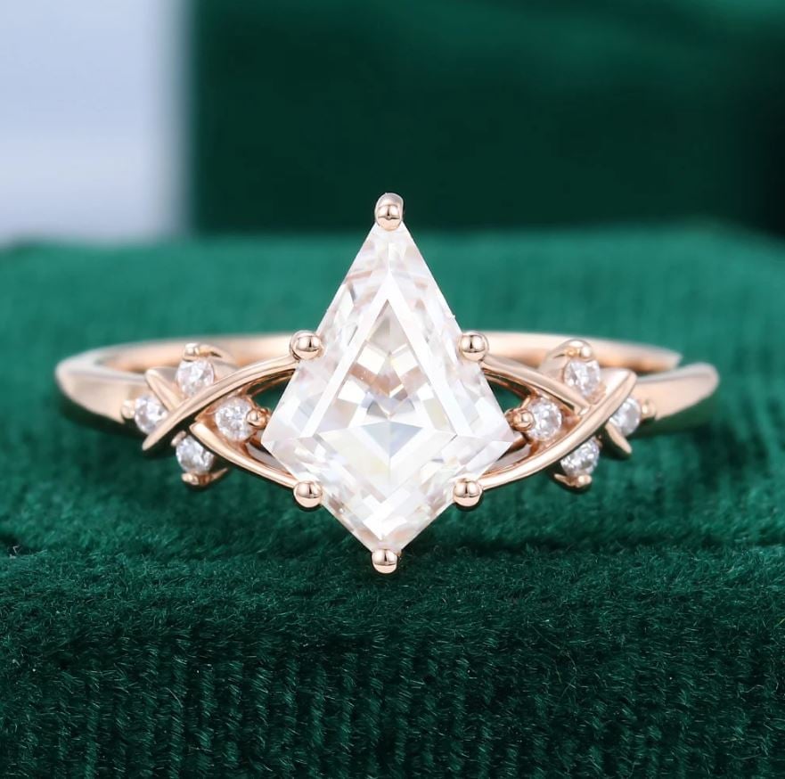 Kite Cut Moissanite Engagement Ring Criss Cross Diamond Accented
