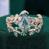 Kite Cut Moss Agate Bridal Ring Set Emerald Leaf Ring Set