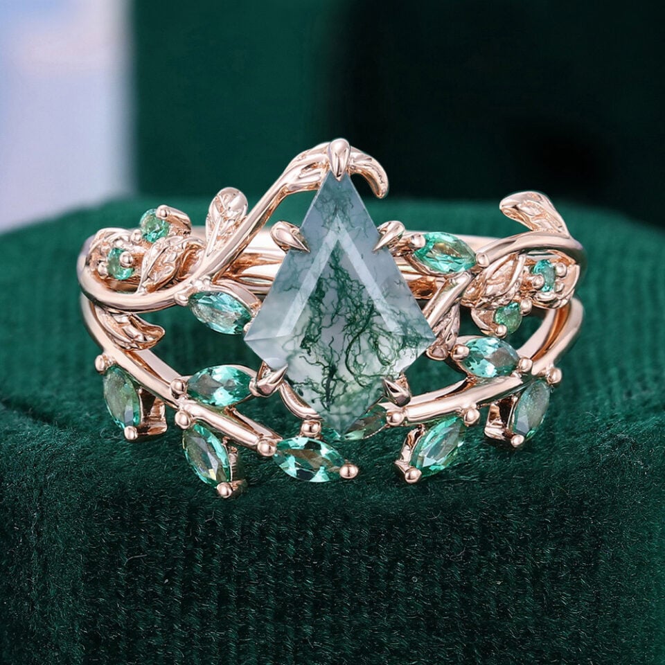 Kite Cut Moss Agate Bridal Ring Set Emerald Leaf Ring Set