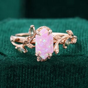 Hexagon Cut Lab Pink Opal Promise Ring with Leaf Band
