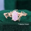 Long Hexagon Cut Lab Pink Opal Engagement Ring with Leaf Band - matte finish