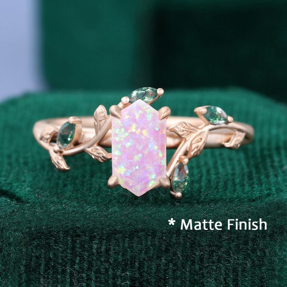 Long Hexagon Cut Lab Pink Opal Engagement Ring with Leaf Band - matte finish
