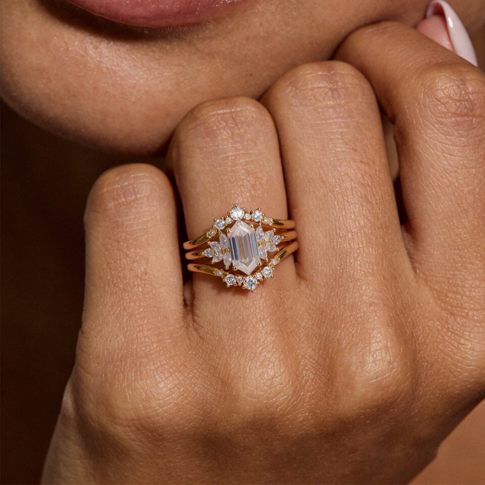 Long Hexagon Cut Moissanite Bridal Ring Set Unique Engagement Ring Set (1)
