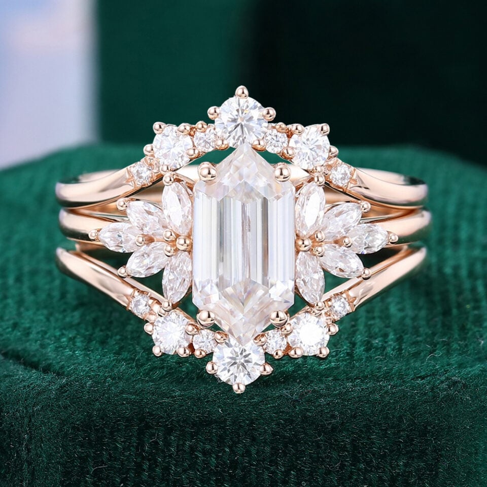 Long Hexagon Cut Moissanite Bridal Ring Set Unique Engagement Ring Set