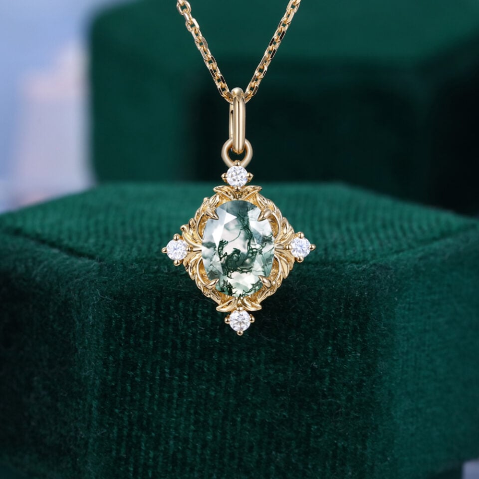 LoveNest Oval Cut Moss Agate Art Nouveau Pendant Necklace