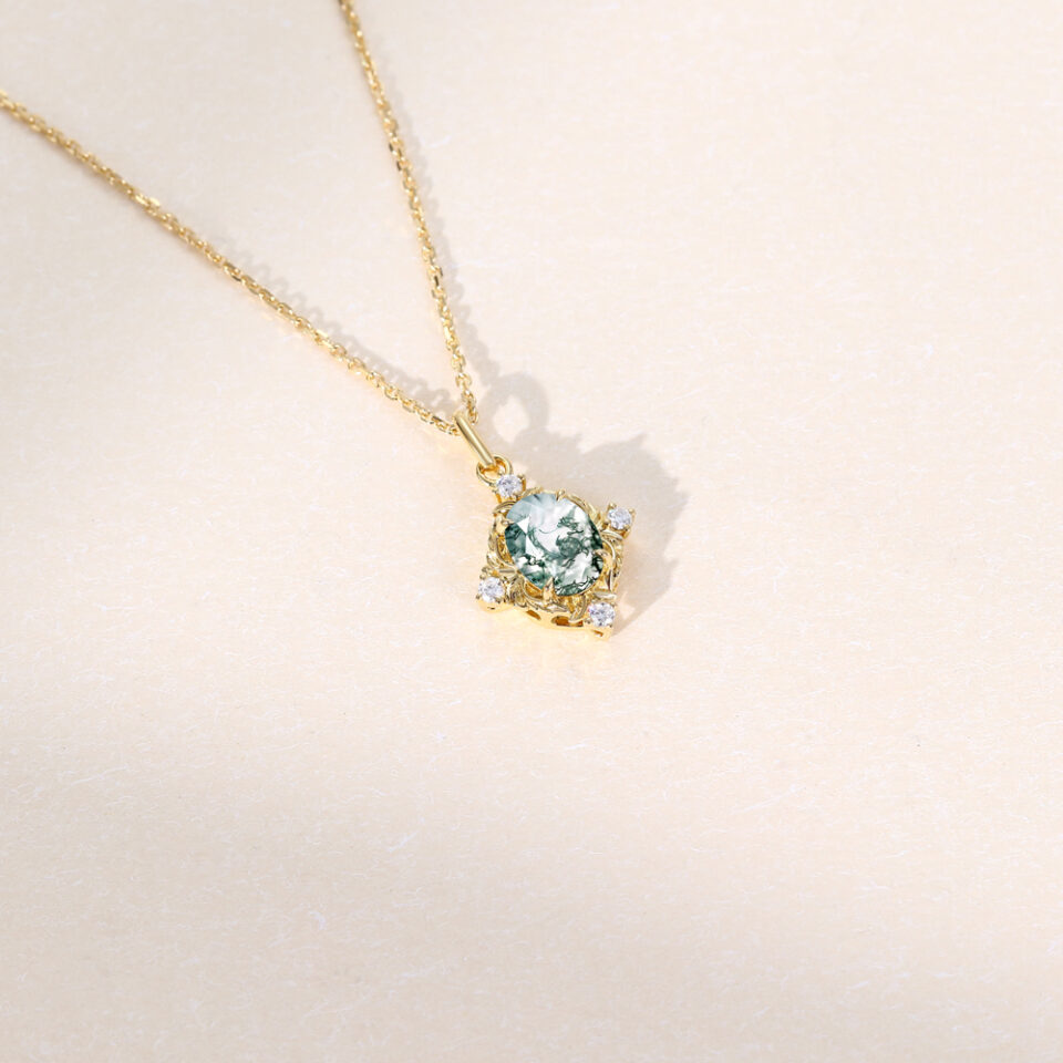 LoveNest Oval Cut Moss Agate Art Nouveau Pendant Necklace (6)
