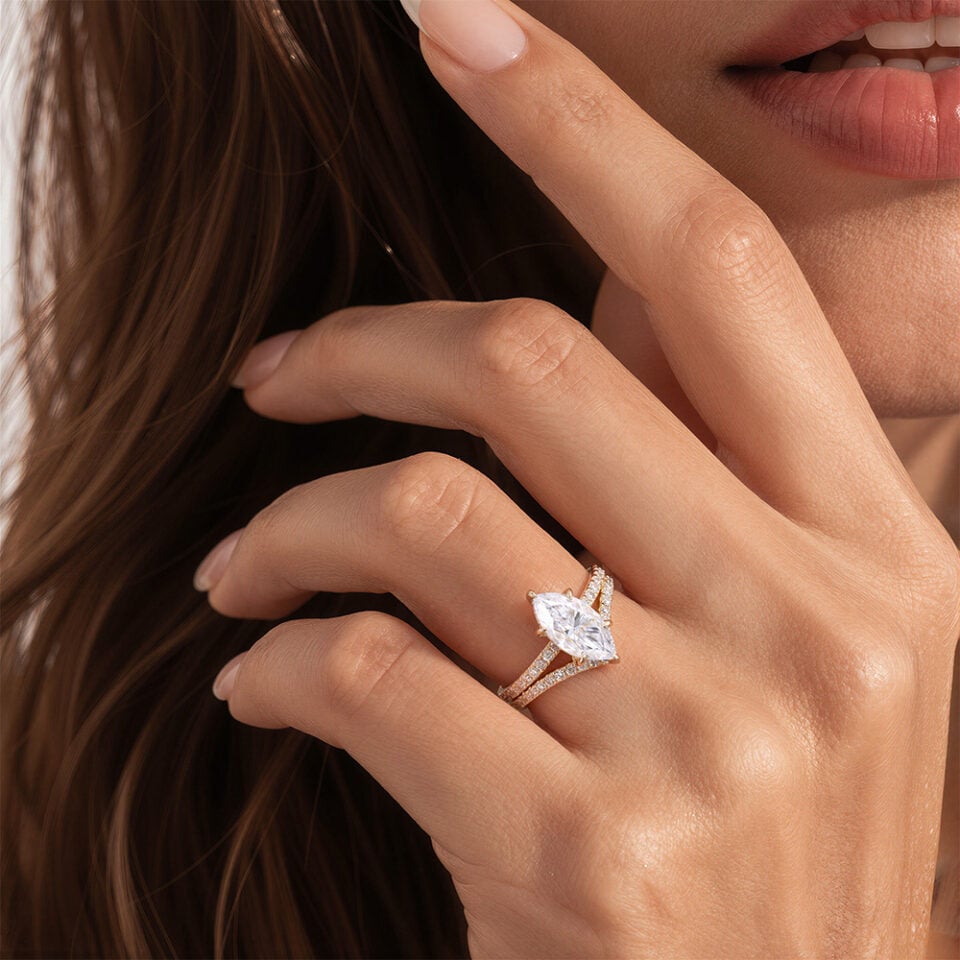 Marquise Cut Moissanite Hidden Halo Engagement Ring With Half Eternity Pavé Band Bridal Ring Set