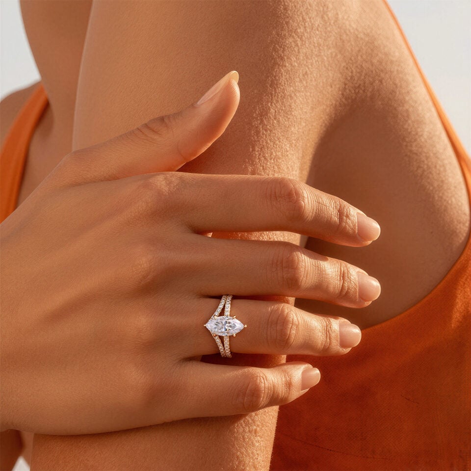 Marquise Cut Moissanite Hidden Halo Engagement Ring With Half Eternity Pavé Band Bridal Ring Set (2)