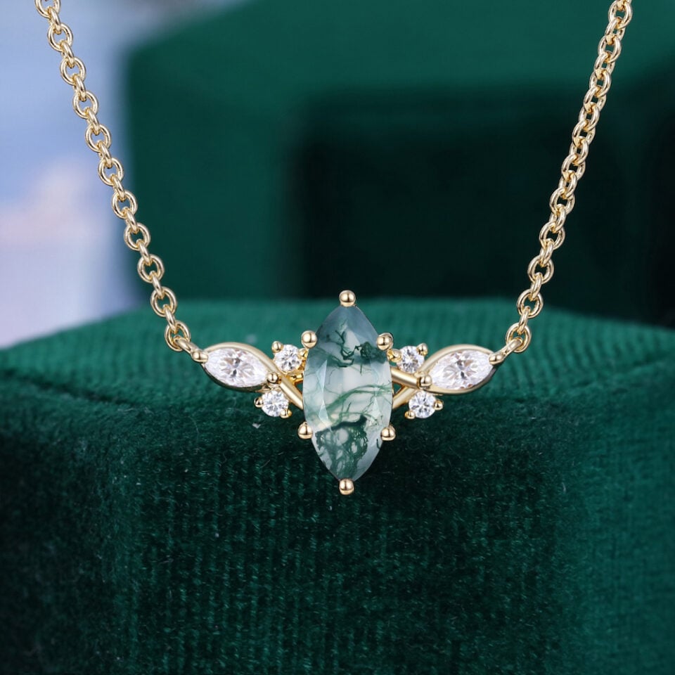 Marquise Cut Moss Agate Art Deco Necklace with Cable Chain