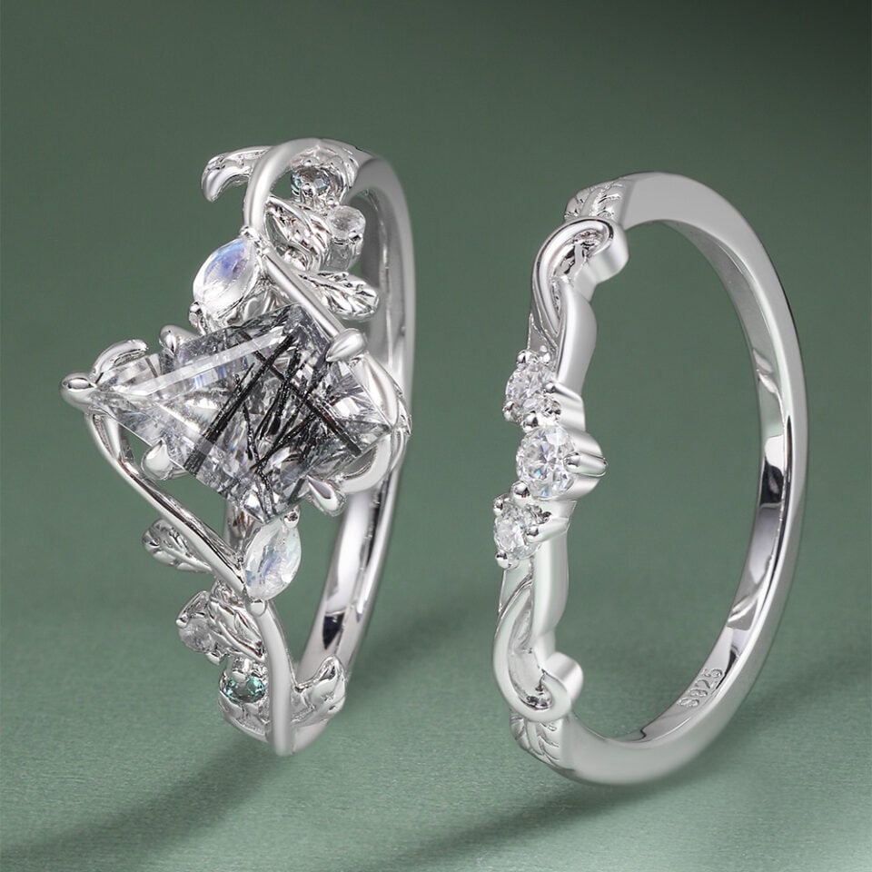 Nature Inspired Kite Cut Black Rutilated Quartz Bridal Ring Set (5)