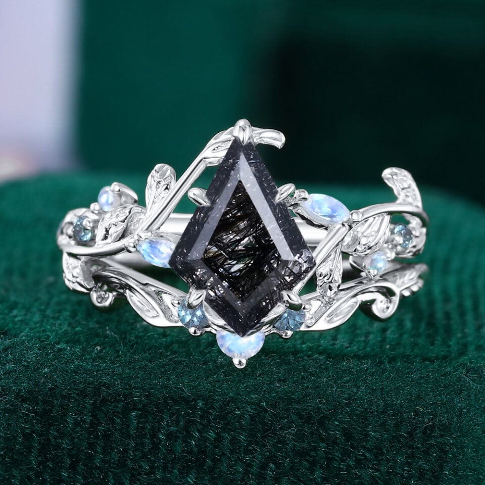 Nature Inspired Kite Cut Black Rutilated Quartz Bridal Ring Set