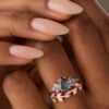 Nature inspired Pear Cut Alexandrite Wedding Ring Set with Leaf Band (2)
