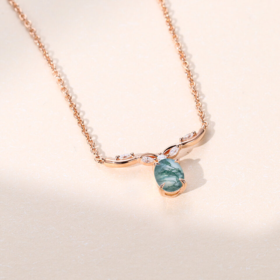 Oval Cut Moss Agate Ribbon Bar Necklace For Her (2)