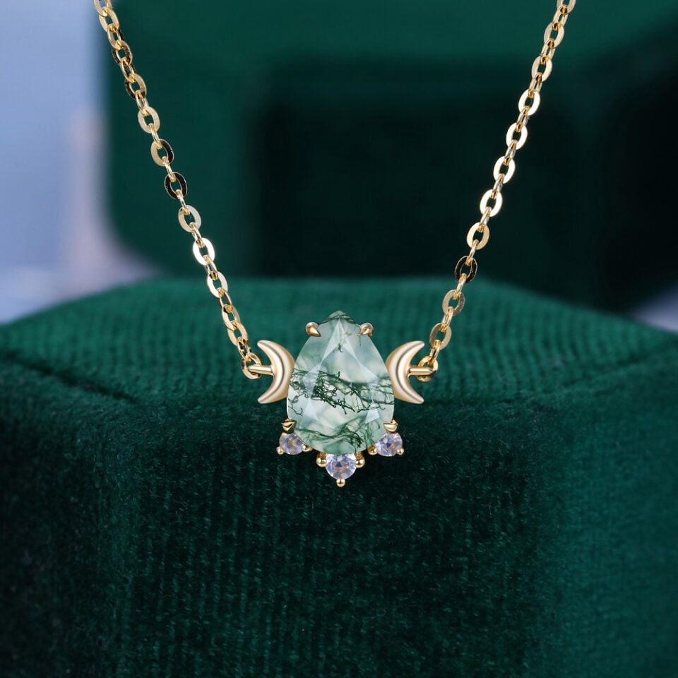 Pear Cut Moss Agate Crescent Necklace with Moonstone Accent