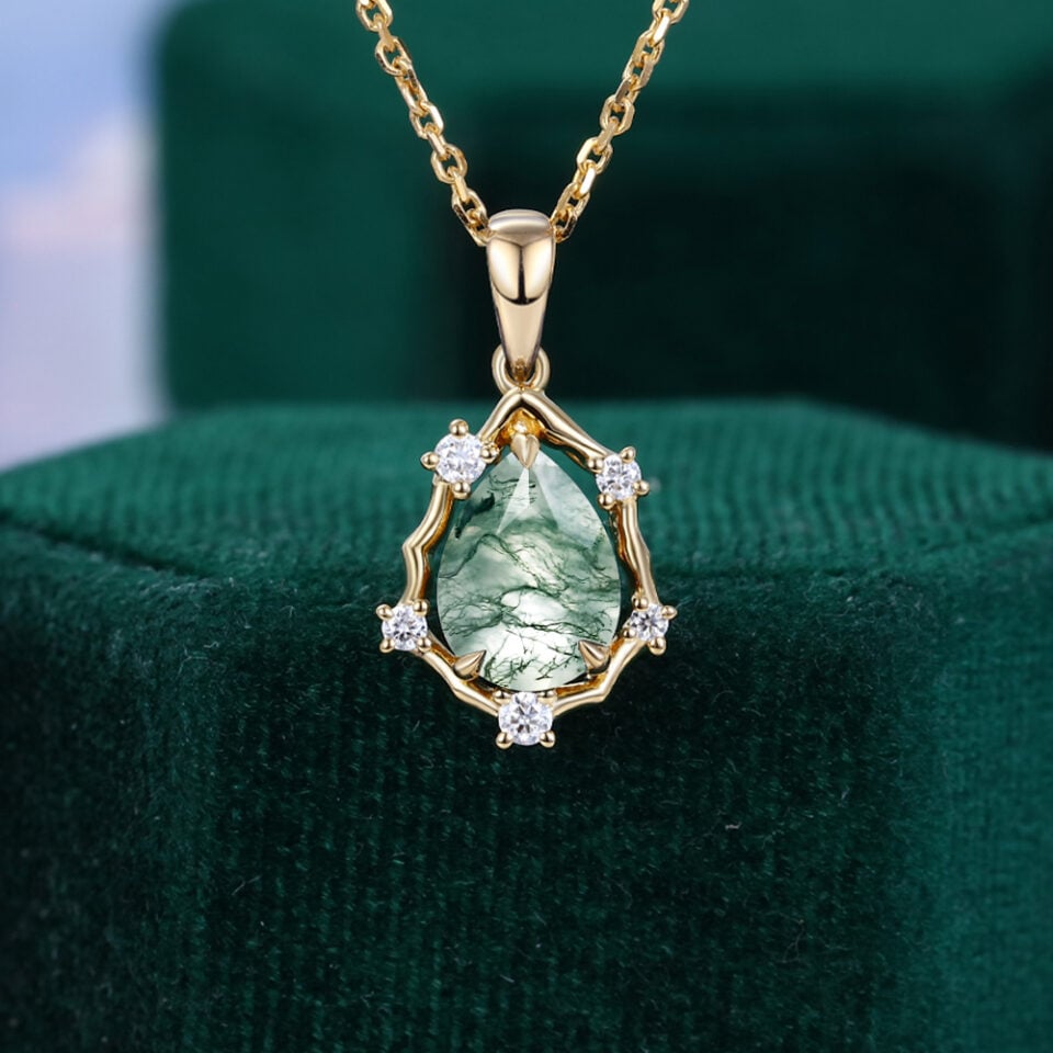 Pear Cut Moss Agate Organic Halo Pendant Necklace
