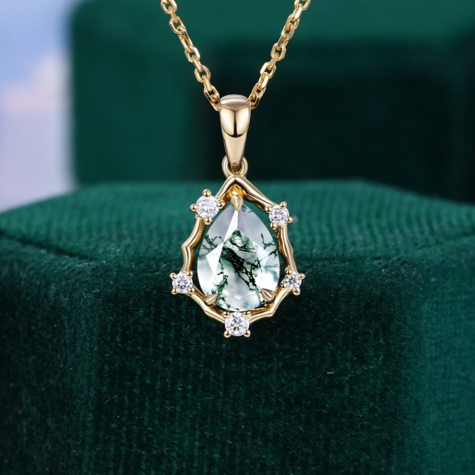 Pear Cut Moss Agate Organic Halo Pendant Necklace