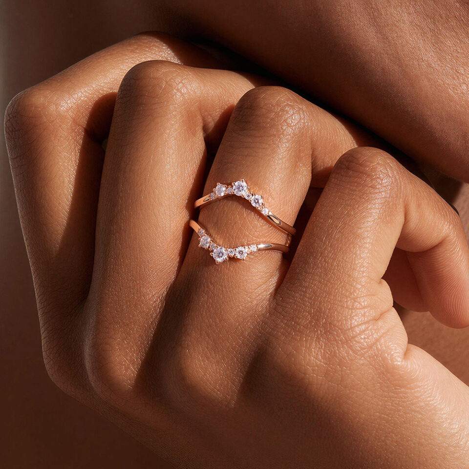 Round Cut Moissanite Wedding Band Double Curved Band (2)