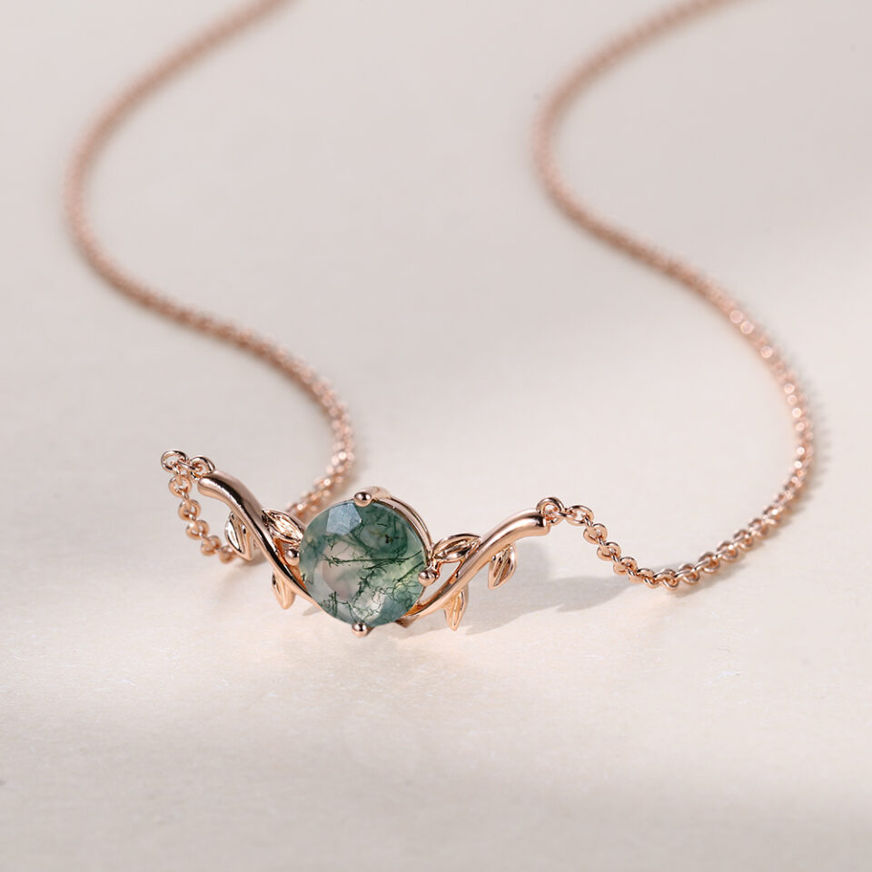 Round Cut Moss Agate Solitaire Branch Necklace (2)