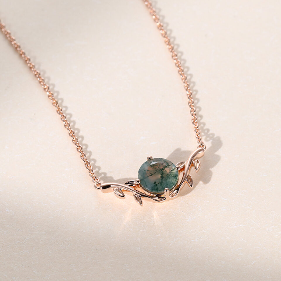 Round Cut Moss Agate Solitaire Branch Necklace (3)
