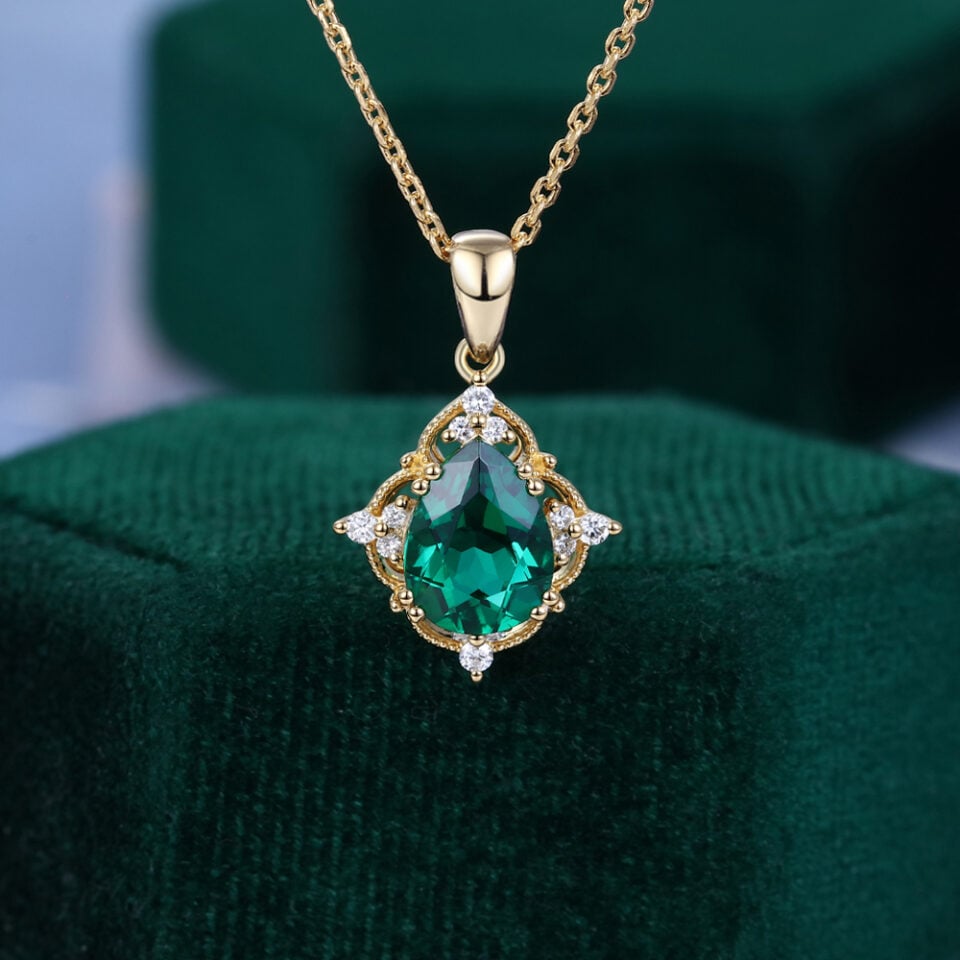 Victoria Pear Cut Lab Emerald Halo Necklace With Link Chain