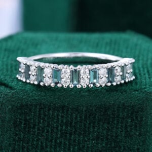 Alternating Baguette Alexandrite & Round Moissanite Half Eternity Wedding Band