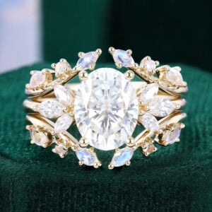 2CT Oval Moissanite Bridal Ring Set with Moonstone Enhancer