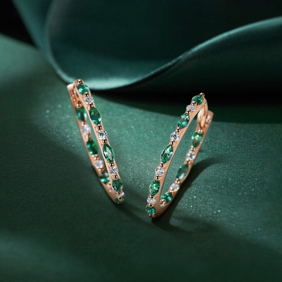 Alternating Marquise Emerald & Round Diamond Huggie Earrings