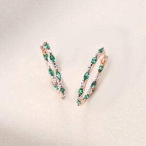 Alternating Marquise Emerald and Round Diamond Huggie Earrings