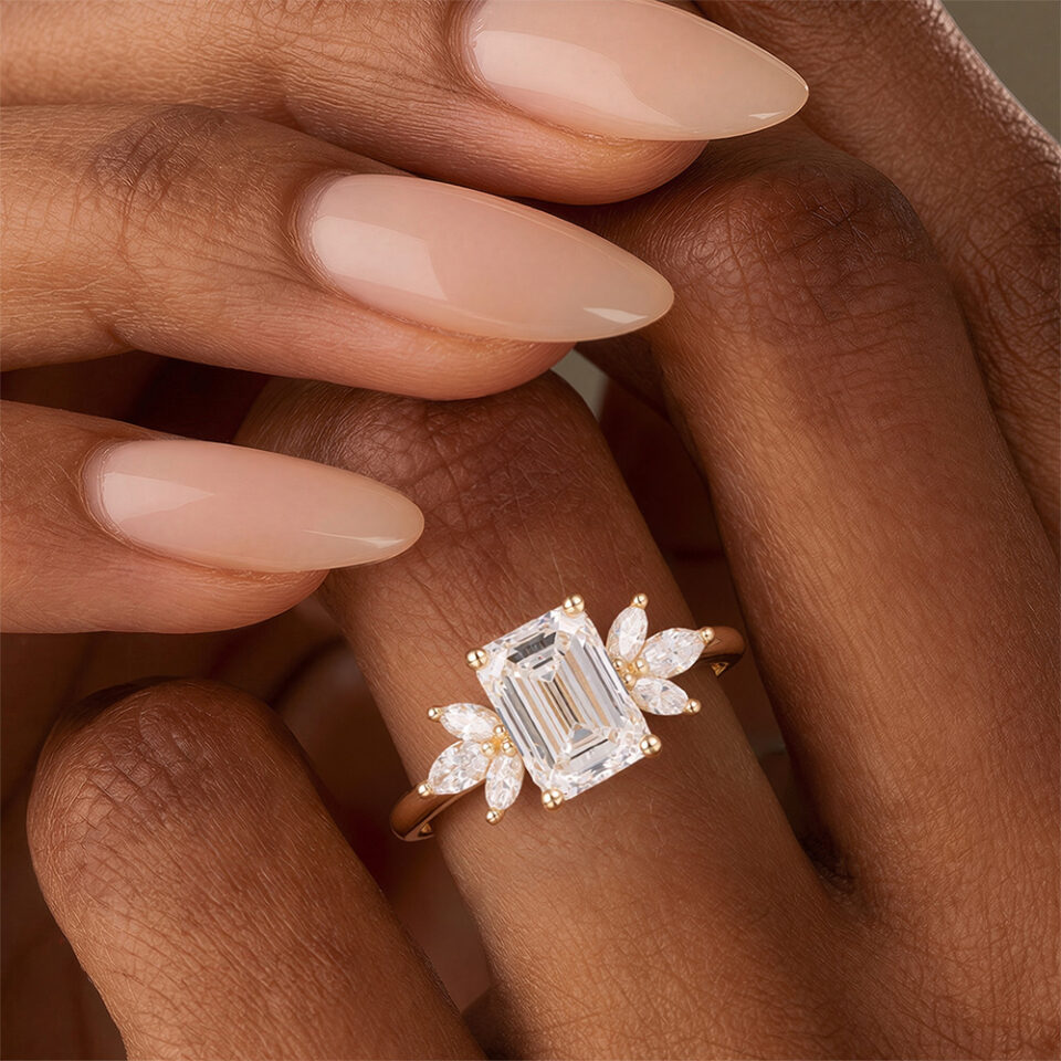 Emerald Cut Lab Diamond Engagement Ring Marquise Accented Bridal Ring (3)