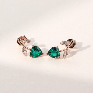 Flower Designed Heart Shaped Emerald Stud Earrings