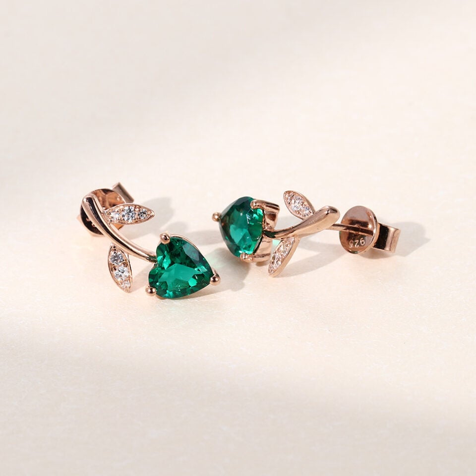 Flower Designed Heart Shaped Emerald Stud Earrings