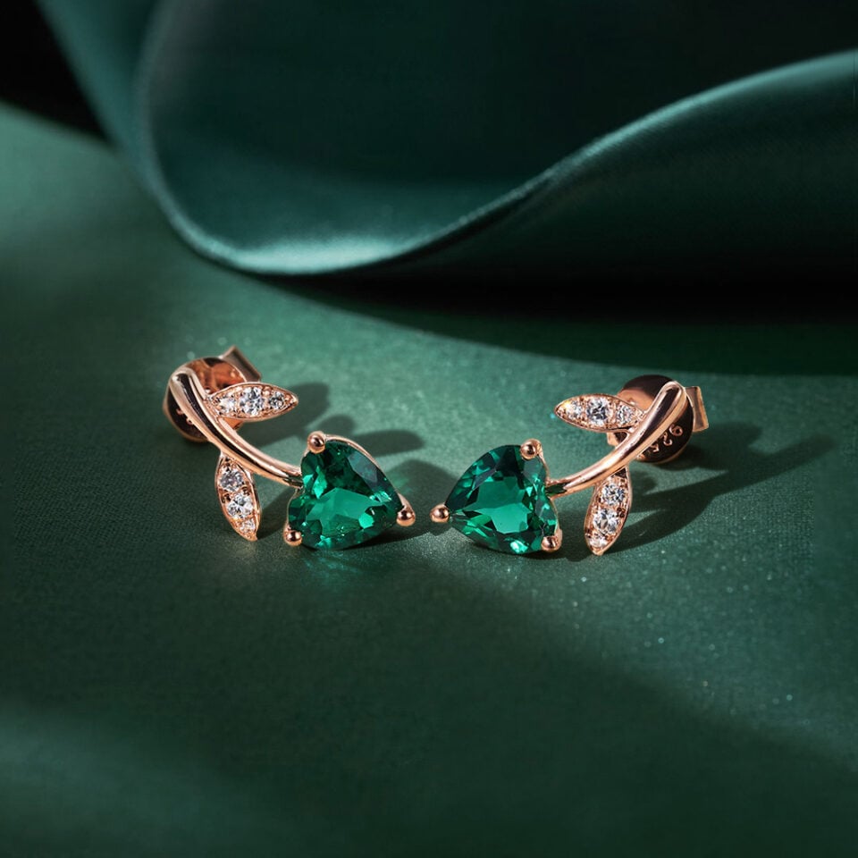 Flower Designed Heart Shaped Emerald Stud Earrings