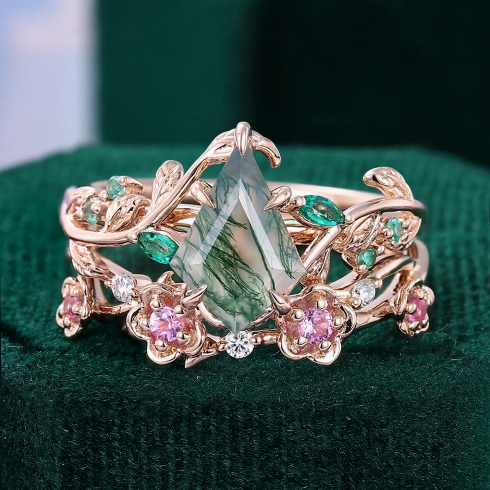 Kite Cut Moss Agate Bridal Ring Set Nature Inspired Ring Set