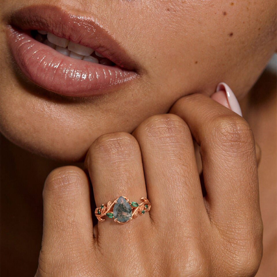 LeafLace Pear Cut Moss Agate Promise Ring with Emerald Accents (2)