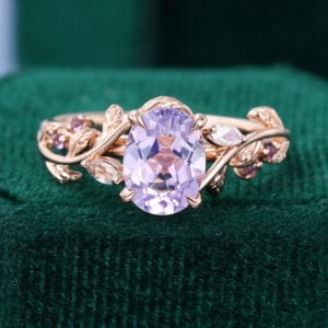 Oval Cut Lavender Amethyst Engagement Ring with Leaf Band