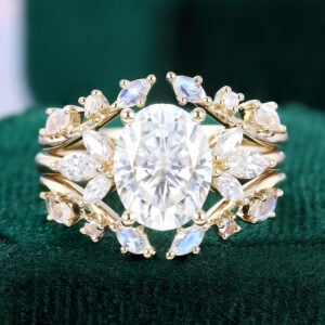 2CT Oval Moissanite Bridal Ring Set with Moonstone Enhancer