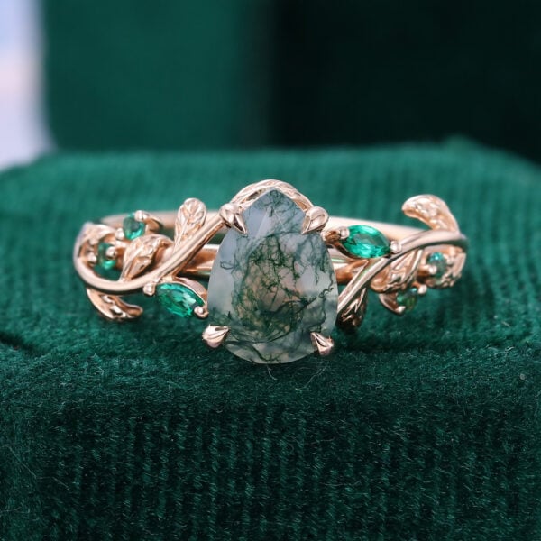 Pear Cut Moss Agate Engagement Ring with Emerald Accents