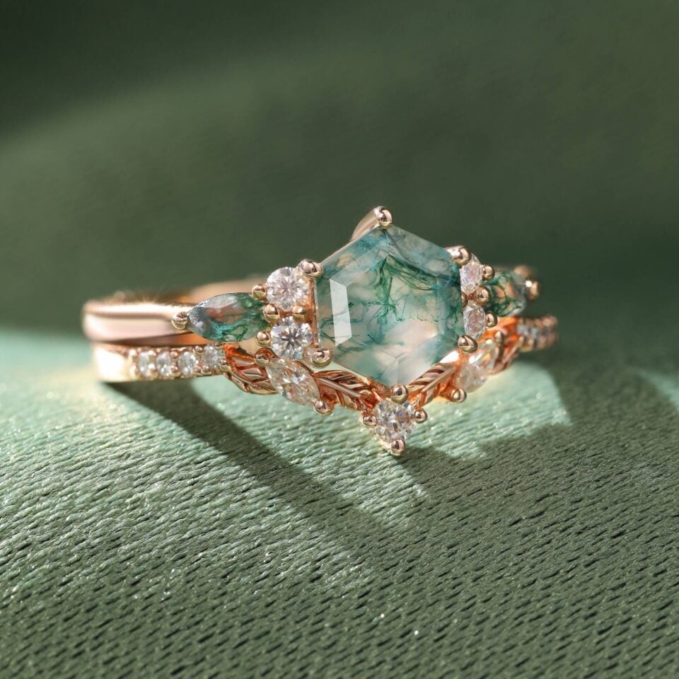 Hexagon cut moss agate bridal ring set with leaf accents