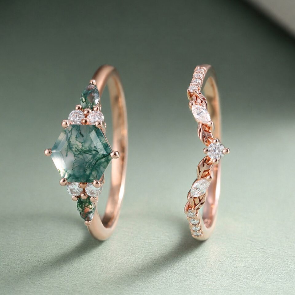 Hexagon Cut Moss Agate Bridal Ring Set with Leaf Accents (4)