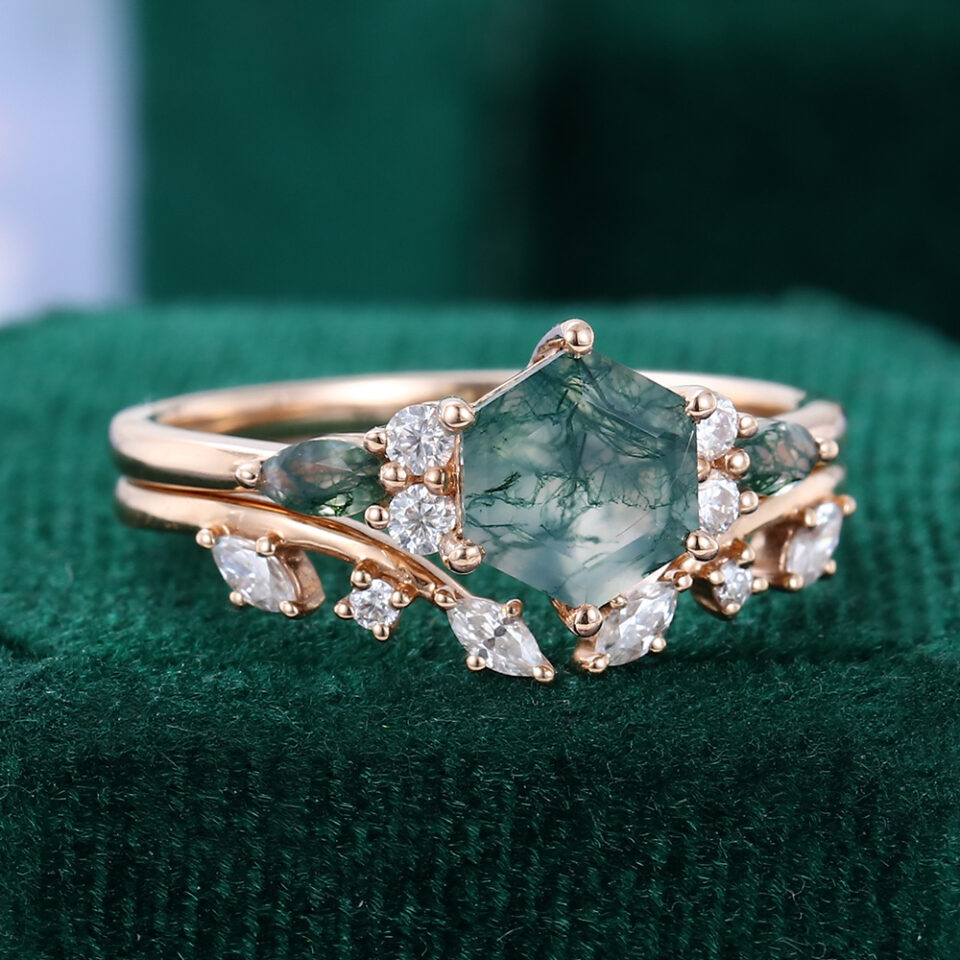 Hexagon Cut Moss Agate Cluster Engagement Ring Set Open Wedding Band Nature Inspired Bridal Set (2)