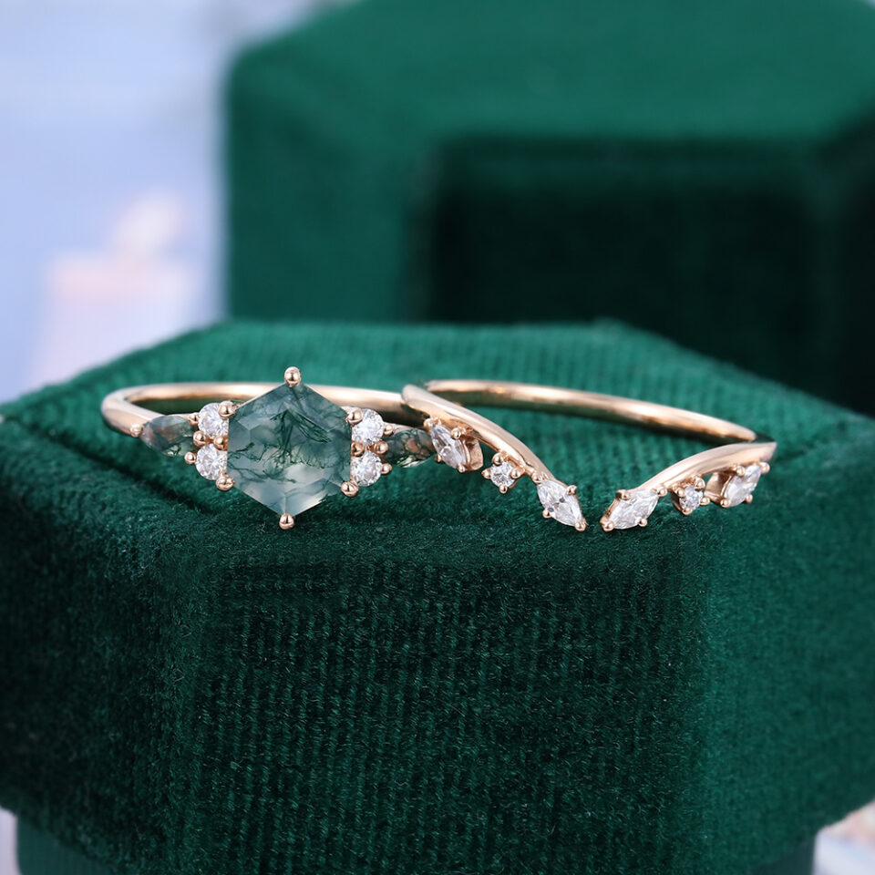 Hexagon Cut Moss Agate Cluster Engagement Ring Set Open Wedding Band Nature Inspired Bridal Set (4)