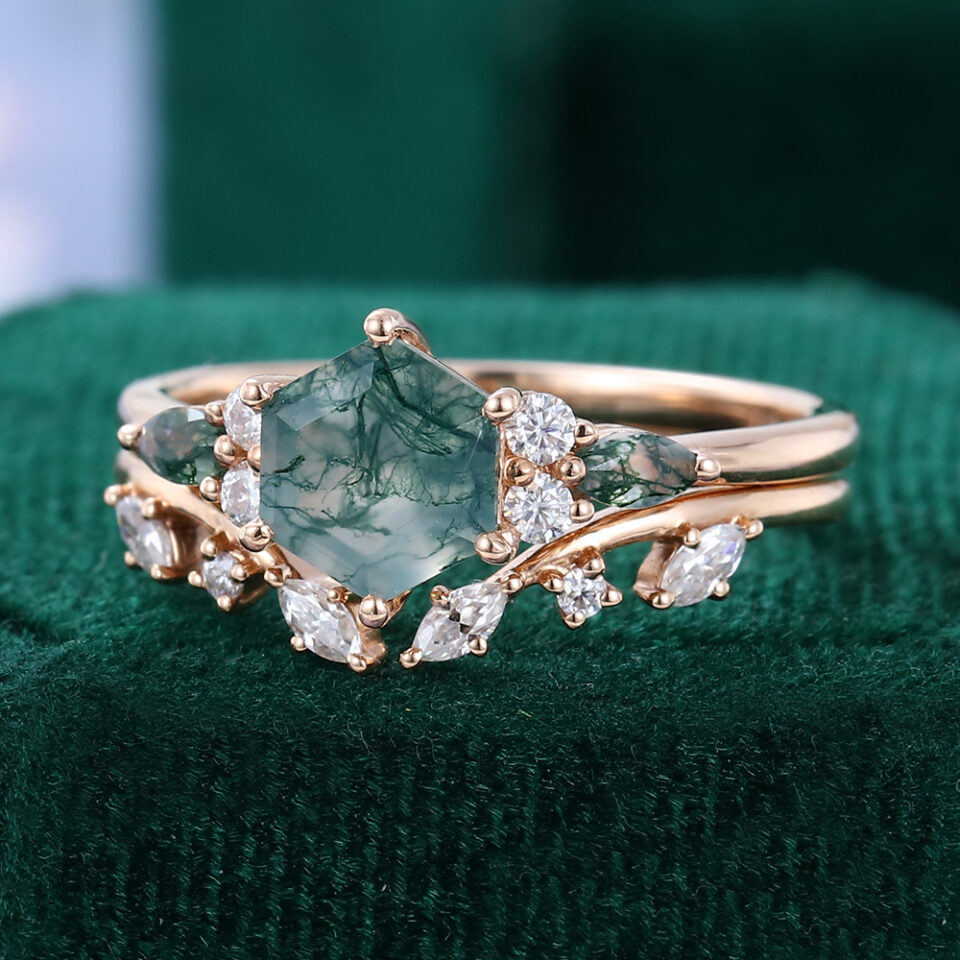Hexagon Cut Moss Agate Cluster Engagement Ring Set Open Wedding Band Nature Inspired Bridal Set (5)