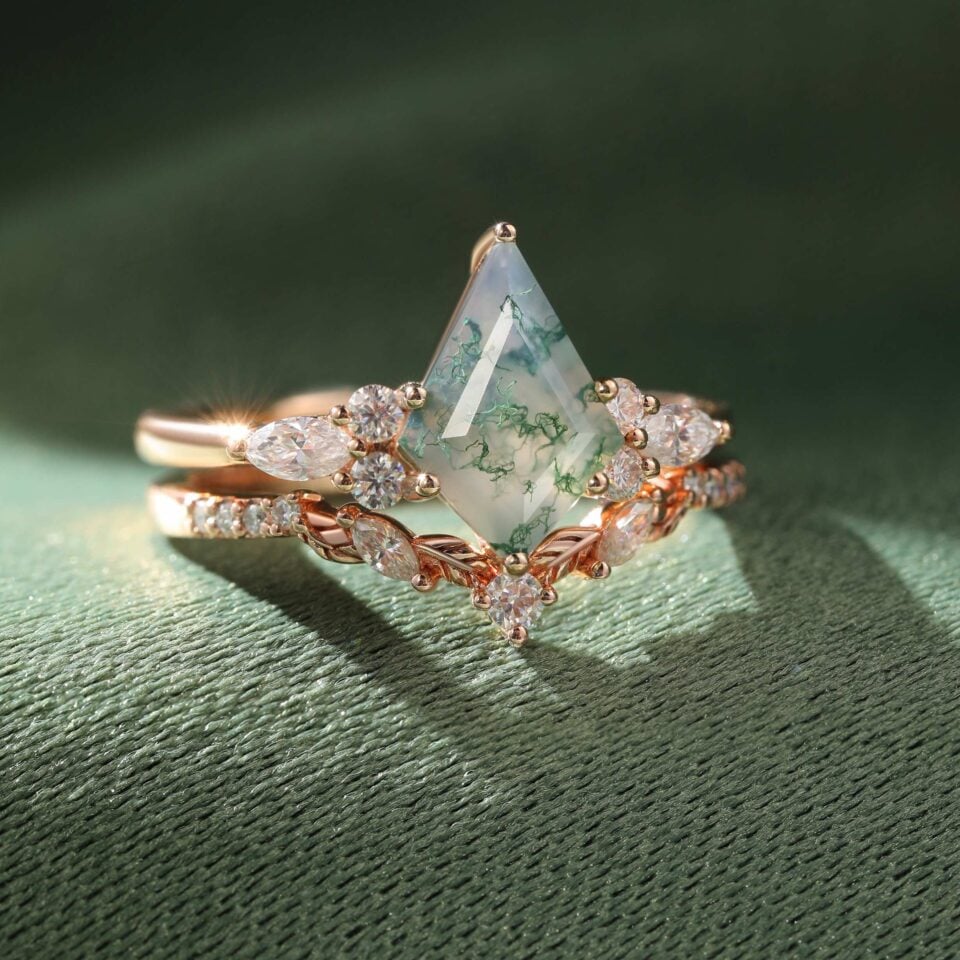 Kite Cut Moss Agate Engagement Ring Set with Leaf Accents Classic Bridal Set