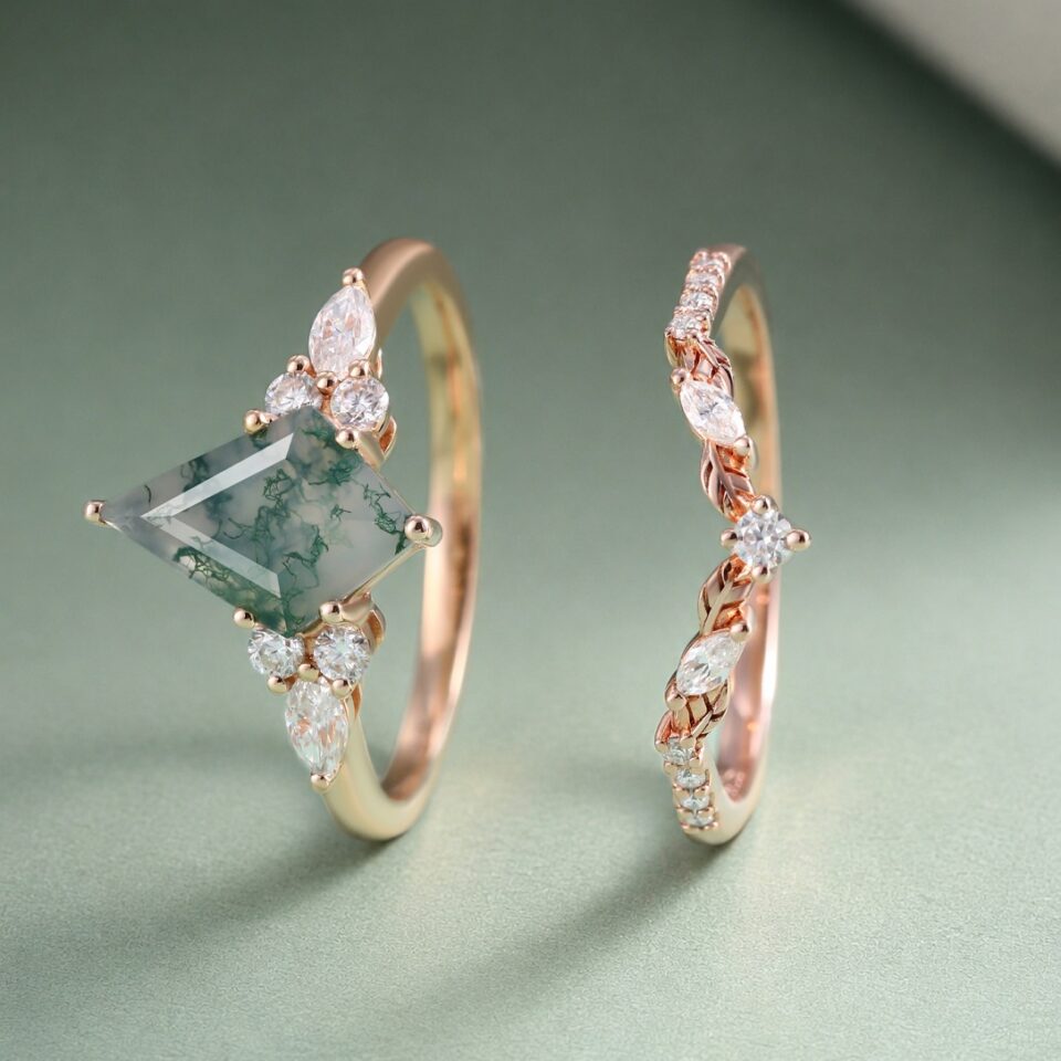 Kite Cut Moss Agate Engagement Ring Set with Leaf Accents Classic Bridal Set (3)